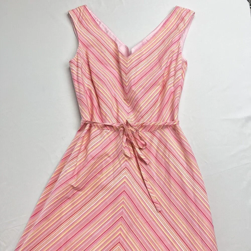London Times striped midi dress size 4 waist tie preppy classic feminine pink - Picture 12 of 12